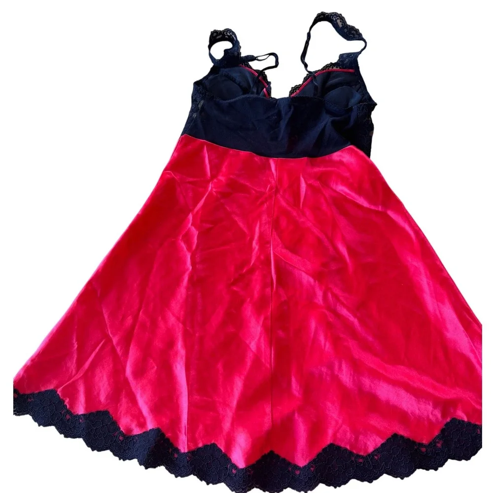 Y2K Victoria Secret Lingerie Set Women S Red Black Lace Satin Robe Slip Babydoll - Picture 3 of 16